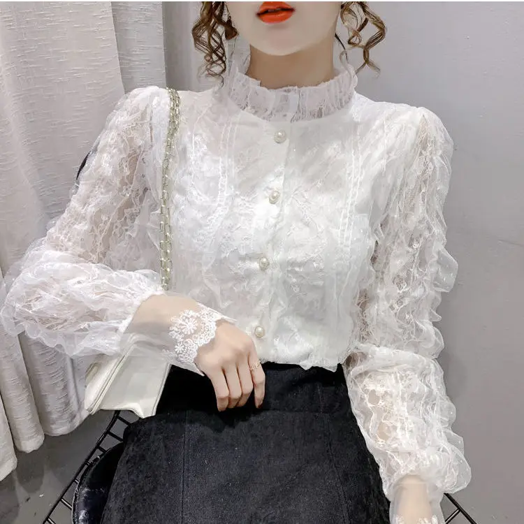 

Lace Base Layer Top Women 2025 Spring Fall New Flannel Lined Chic Blouse French Stand Collar Long Sleeve Shirt