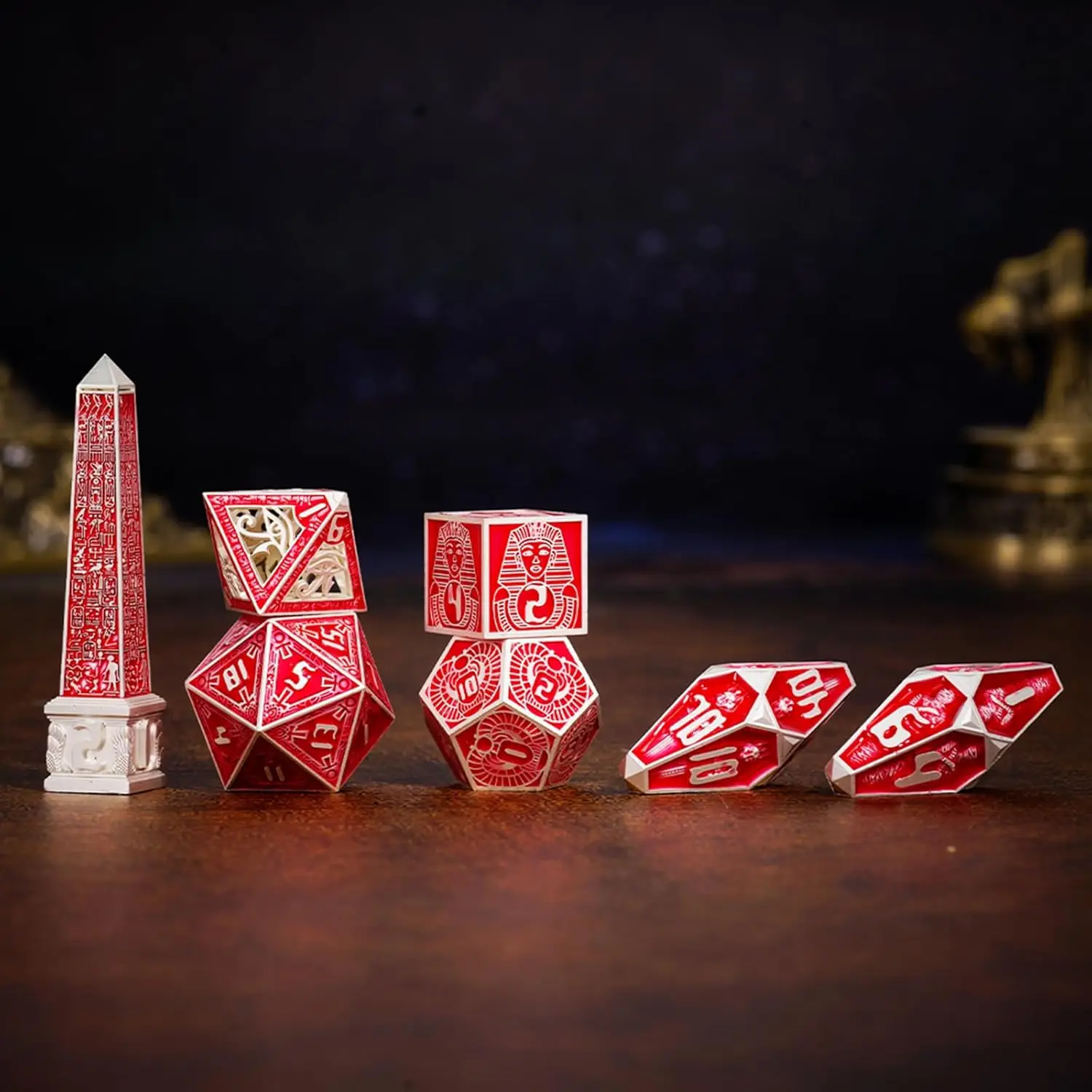7-Piece Egyptian-Themed Metal RPG Dice Set for Dungeons & Dragons Obelisk D4, Cage D8, D6, D10, D12, D20, Percentile Die Dnd