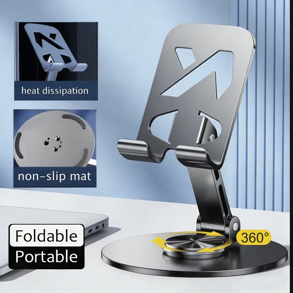 360° Rotating Metal Phone Stand Holder - Foldable Desktop Bracket for IPhone/Samsung/iPad with Anti-Slip Base