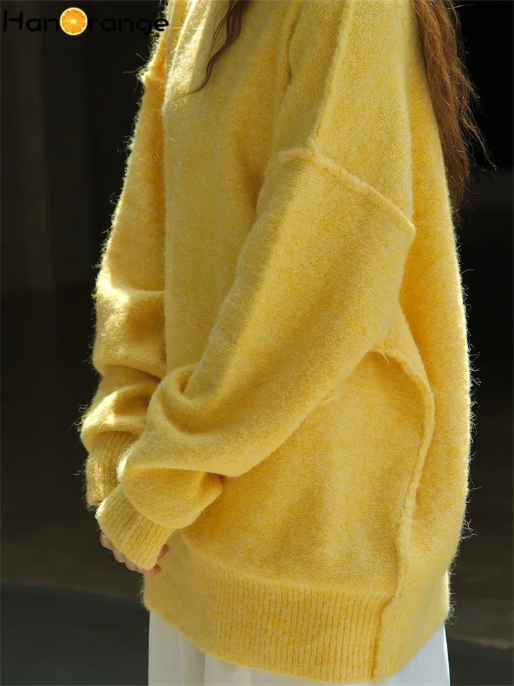 HanOrange 2024 Autumn Winter Lazy Pullover Wool Sweater Women Loose Silhouette Warm Comfortable Knitting Top Yellow/Blue