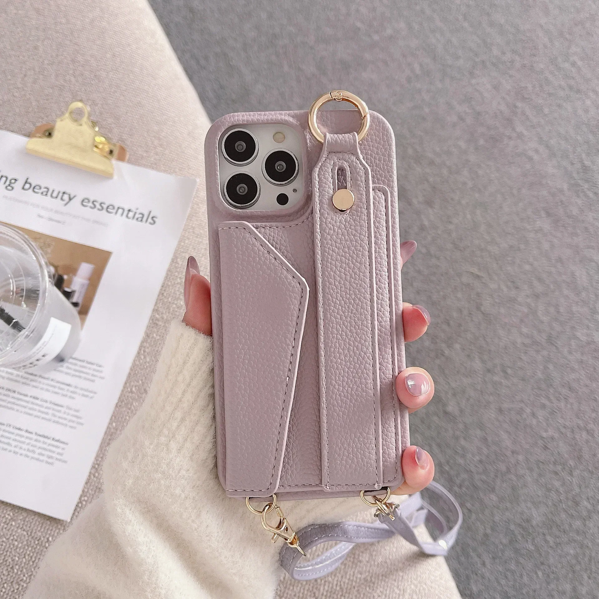 Ring-Crossbody-Handgelenkriemen-Brieftaschen-Lederhülle für iPhone 17 16 15 14 13 12 11 Pro Max Handyhülle mit Kartenfach und Lanyard – Detail 20