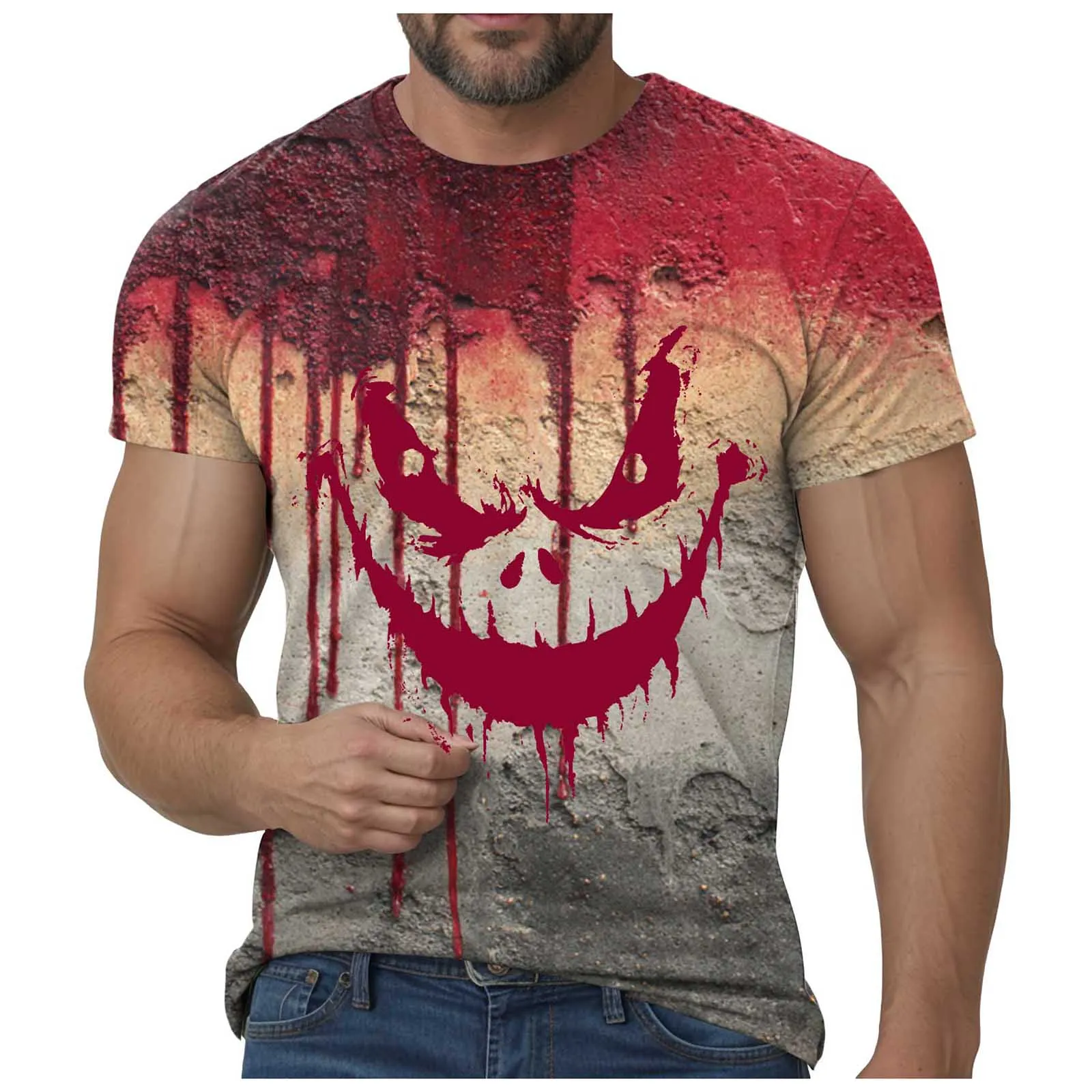

Мужская большая высокая мужская футболка с коротким рукавом и принтом «Кровавое лицо» на Хэллоуин, летняя рубашка