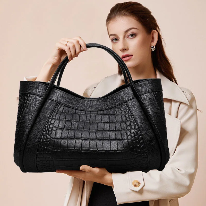 Aidrani Light Luxury Crocodile Pattern Cowhide Women\'s Handbag Large Capacity Black Fashion One Shoulder Crossbody Bag