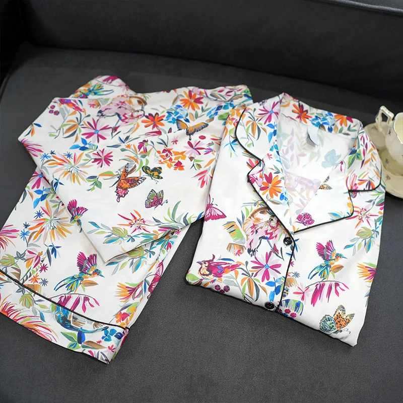 2024 All Season Cool Breathable Ice Silk Pajamas Women Long Sleeve Set Button Flower Butterfly Printed Home Clothes Nightgown