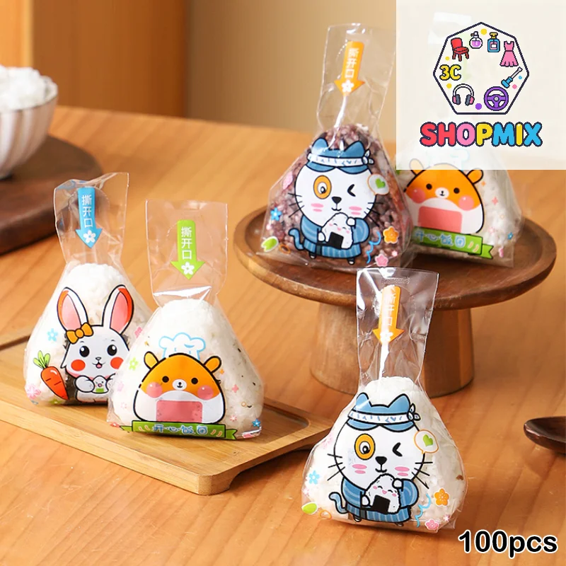 100Pcs Lovely Cartoon Triangle Rice Ball Packing Bag Seaweed Onigiri Sushi Making Mold Tools Bento Accessories