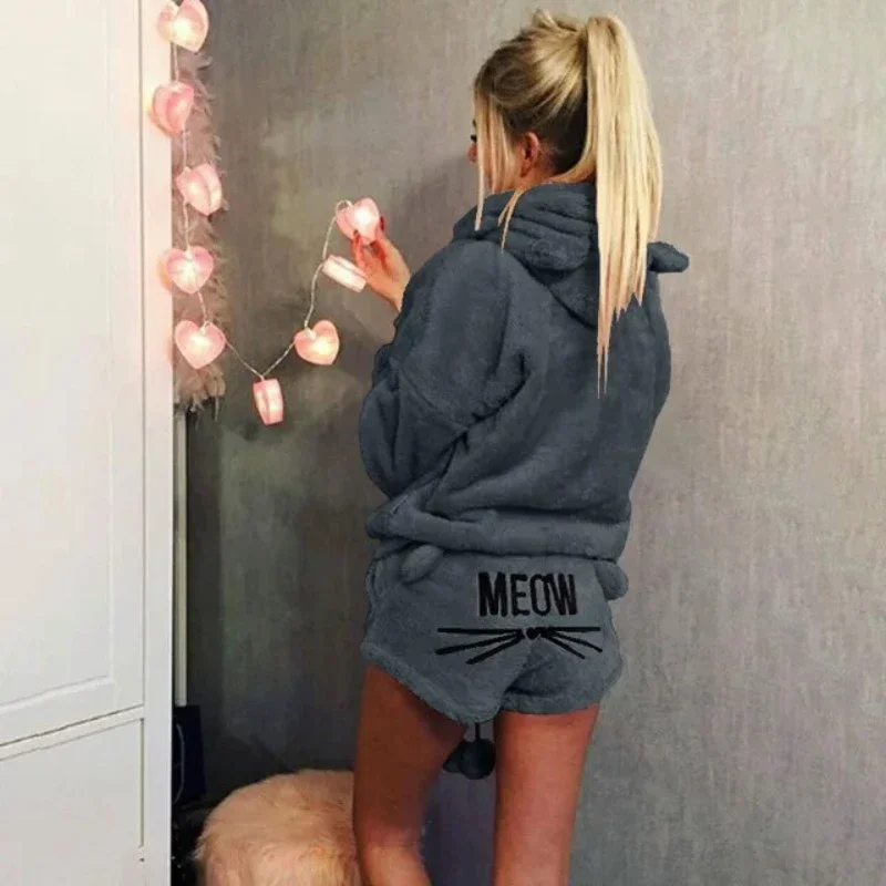 1Set Women Coral Velvet Suit Two Piece Autumn Winter Pajamas Warm Sleepwear Cute Cat Meow Pattern Hoodies Shorts Sets