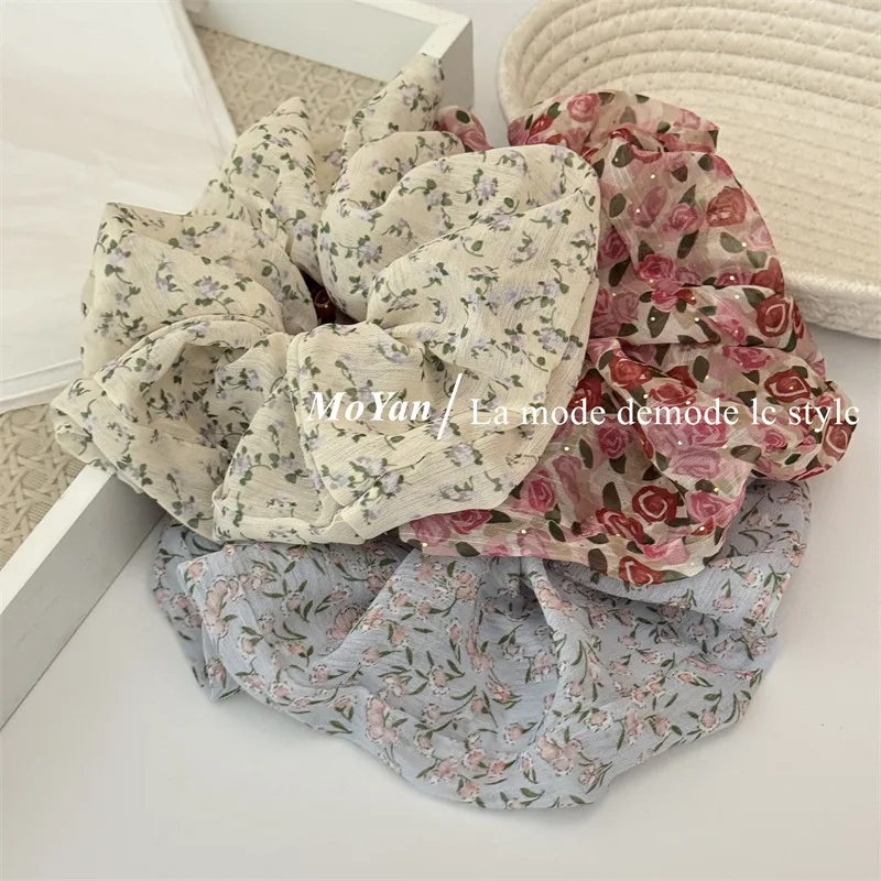 لطيف الأزهار الشيفون النسيج الأمعاء الغليظة الشعر حلقة ذيل حصان حامل الشعر حبل الراقية عقال موضة إكسسوارات الشعر #2