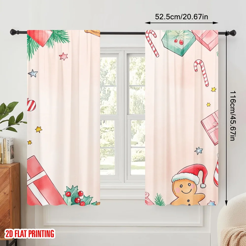2pcs,2D plane printing Minimalist Curtains Christmas Bell Presents Stocking Polyester Easy Install (without rod) Decorations
