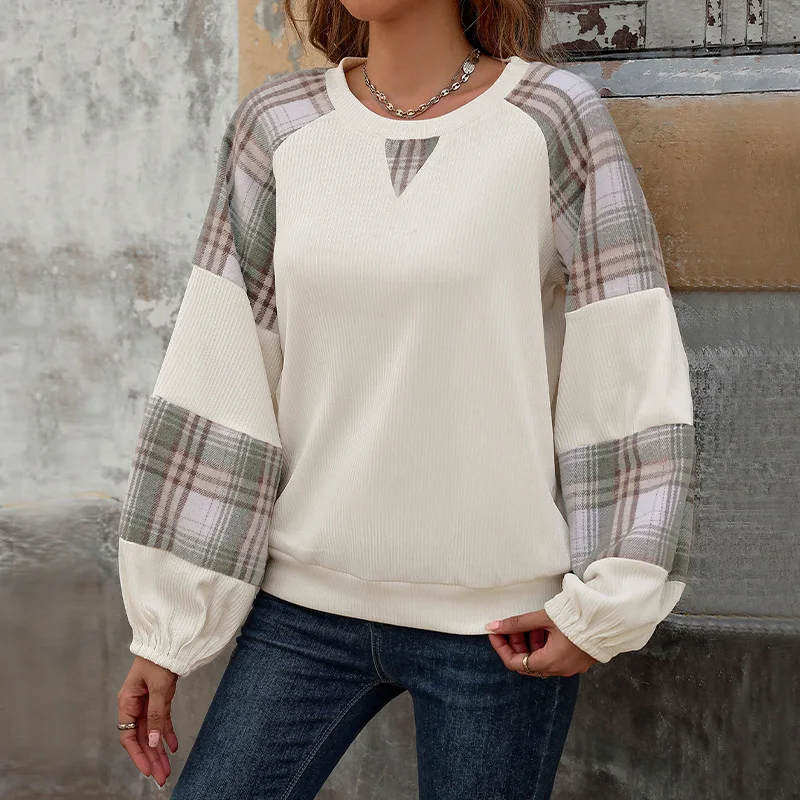 

2025 New Casual Top Loose Checkered Color Blocked Round Neck Sweatshirt