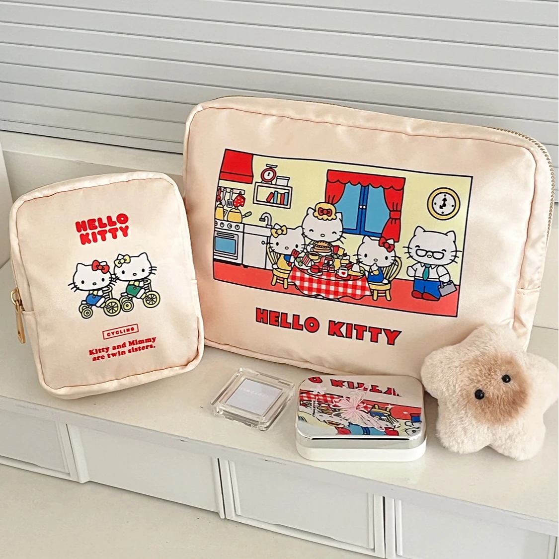 حقيبة مكياج لطيفة على شكل قطة كرتونية باللون البيج مطبوعة منظم مستحضرات التجميل للسفر حقيبة يد محمولة لأدوات الزينة #3