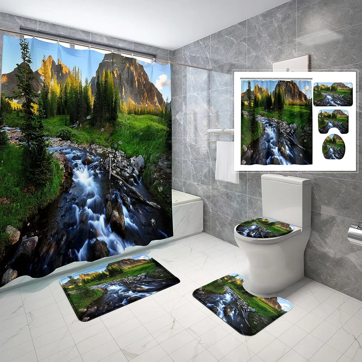 4 PCS Natural Landscape Shower Curtain Sets,Woodland Mist Lake Water Waterproof Bath Curtain,Non-Slip Bath Mat Toilet Cover Set