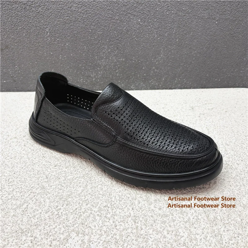 Hollow Out Perforated Leather Slip On Loafers Men's Breathable Soft Sole Business Casual Shoes Autumn Trendy Men's Shoes