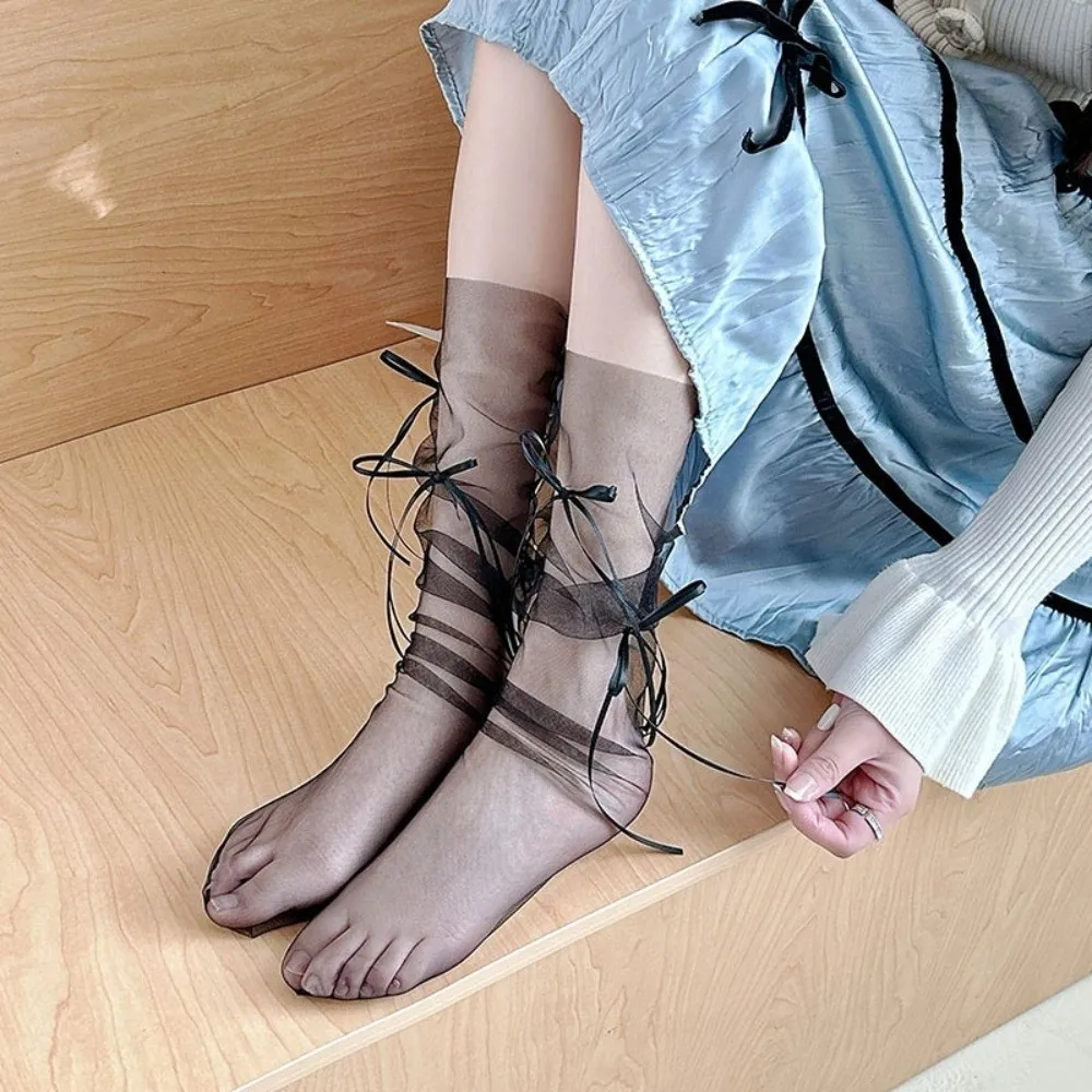 Breathable Mesh Bow Transparent Mesh Socks Ultra-Thin Eyelash Lace Fishnet Socks Lolita Style Mesh Lace Socks Women Summer Wear