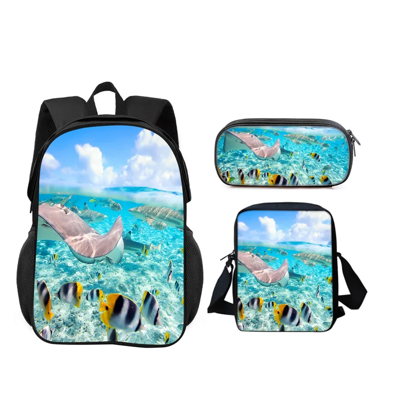 

Underwater World 3pcs Set Backpack Pen Bag Shoulder Bag Durable Trendy, Versatile Cartoon School Boy and Girl Birthday Best Gift