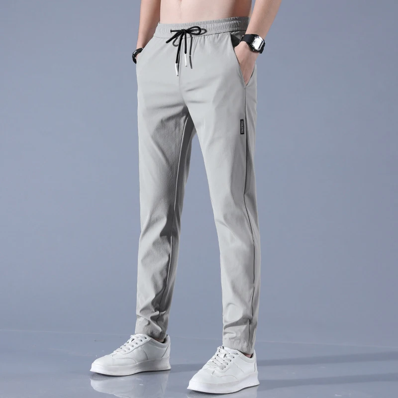 Ice Silk Men\'s Pants 2023 Summer New Black Gray Thin Business Casual Pants Outdoor Elastic Breathable Straight Leg Sweatpants