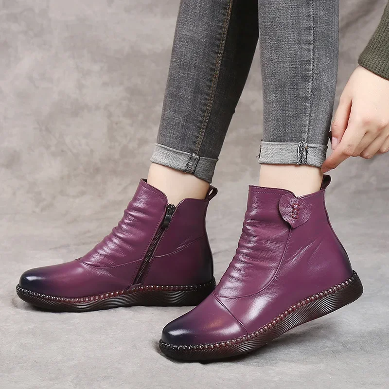 BEYARNE Autumn Women\'s Shoes Leather Boots Women Fashion Winter Boots Women Flats Non-slip Warm Thick-soled Shoes Women
