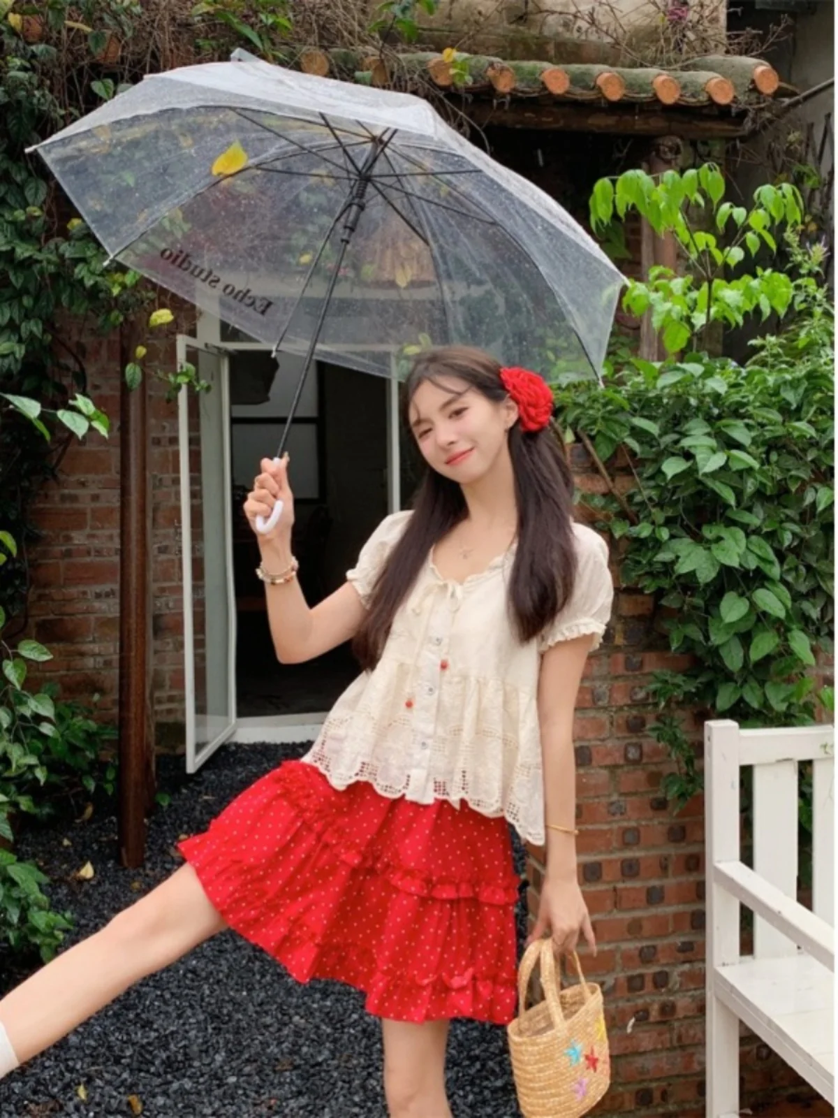 

Sweet Style Lace Shirt And Polka Dot Skirt Set Women's Fashion Spring Cotton Two-Piece Outfit Short Sleeve V-Neck Button Closure