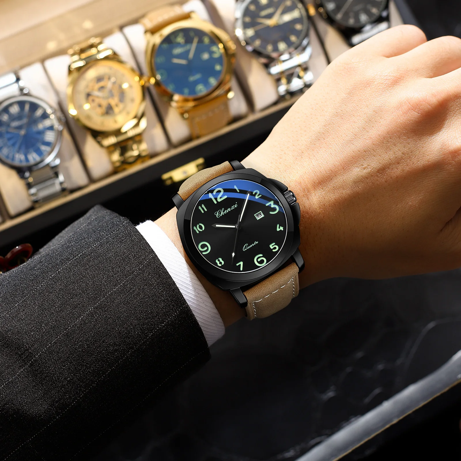 Classic Business Watches For Man Original Luxury Calendar Brown Leather Strap Male Clock Fashion Luminous Quartz Watch CHENXI