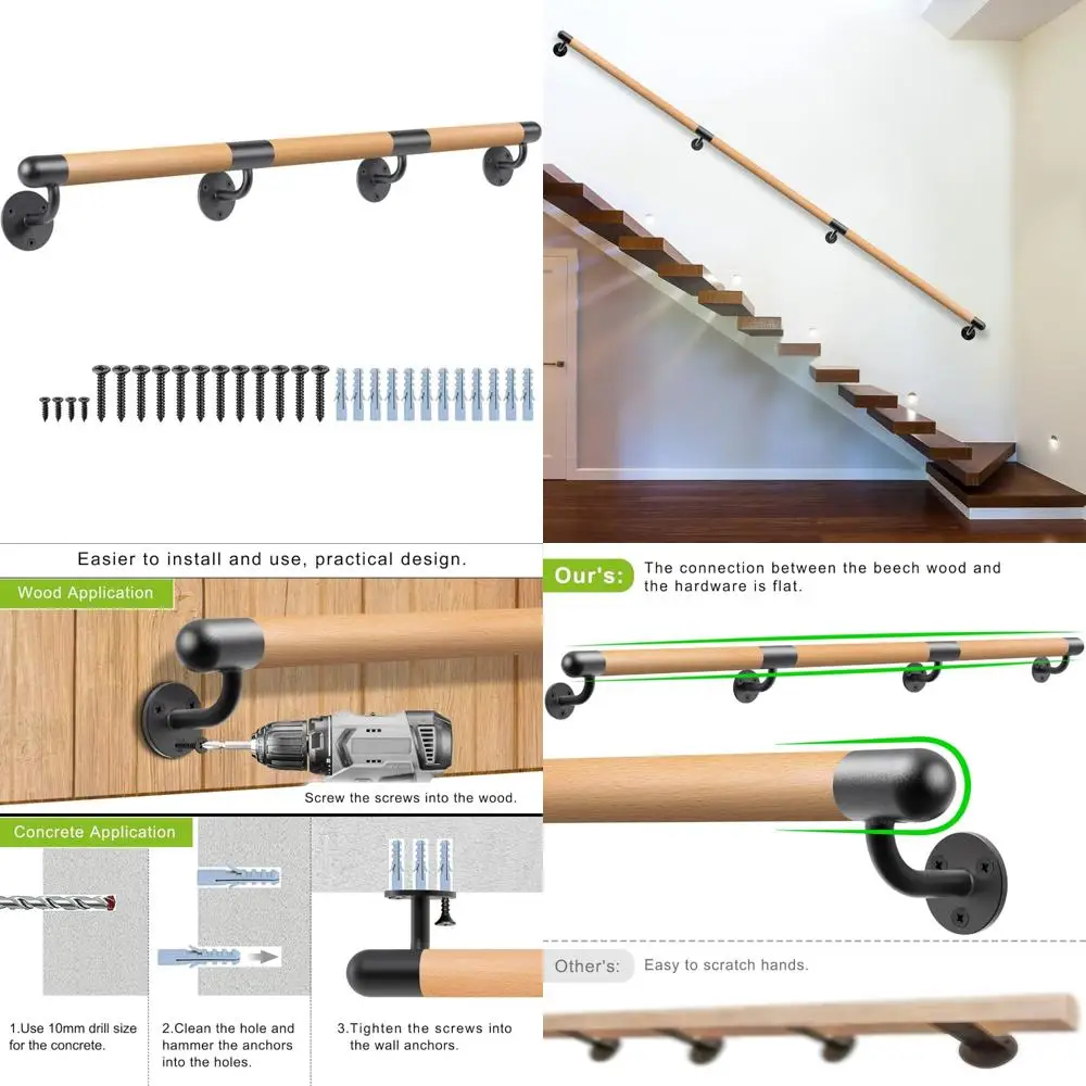 درابزين درج داخلي بطول 3-10 أقدام، مثبت على الحائط الخشبي، دعامات معدنية، قبضة مريحة غير قابلة للانزلاق، أمان ودعم للسلالم #1