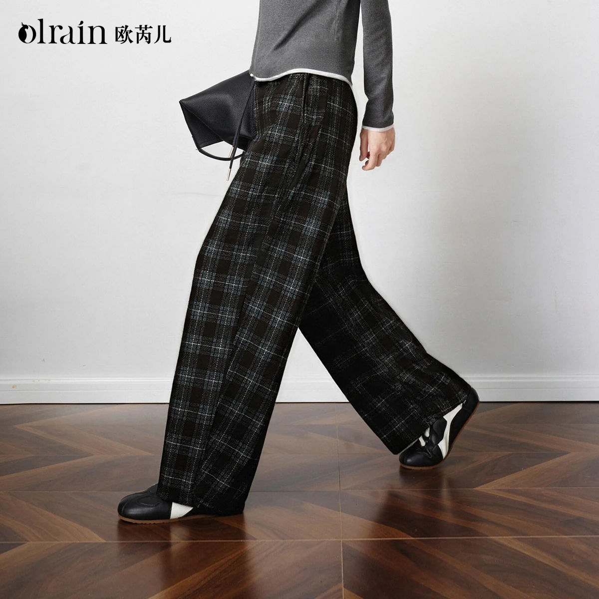 

OLrain Women's Contrast Color Plaid Trousers 2025 Autumn Wool Blend Scimitar Cut Pant Lazy Loose Fit Casual Bottoms O57DK002261
