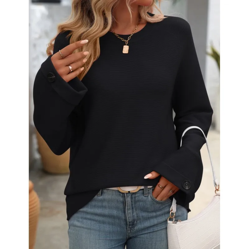 Pink Ladies Long Sleeved Knitted Round Neck Sweater Fashionable Autumn New Item Comfortable Button Core Yarn 2024 Sweater Ladies