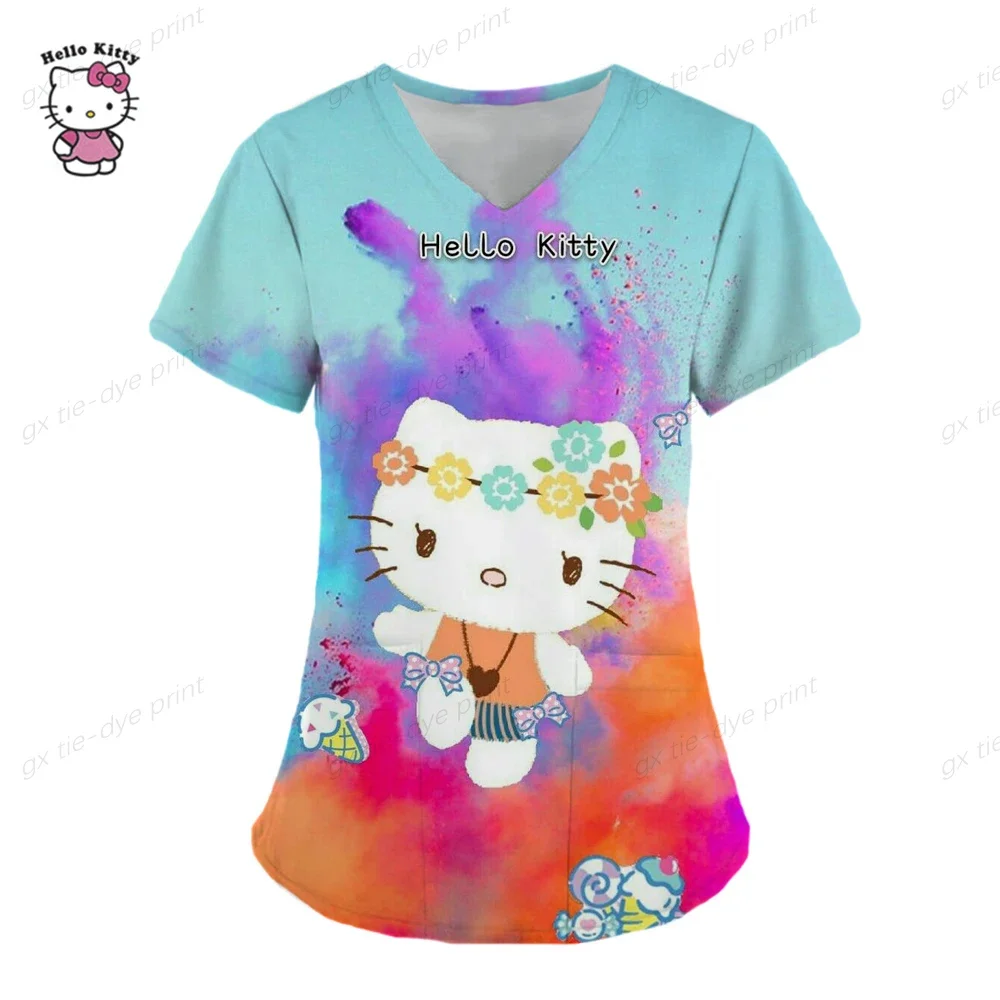 

Kawaii Nurse Uniform Scrubs Tops Womens Cartoon Hello Kitty Print Short Sleeve Pocket Overalls Uniforms Medical Nursing Blouse