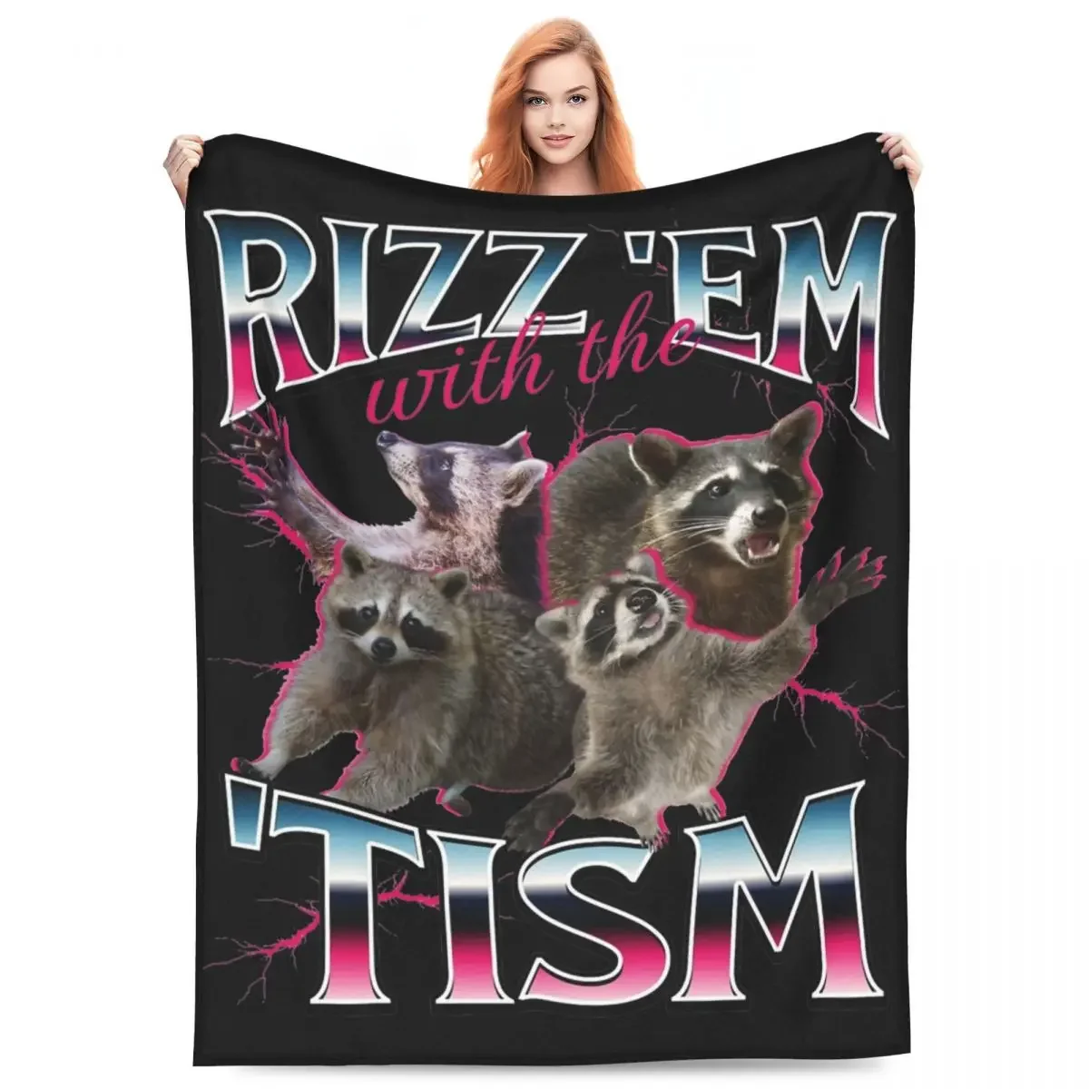 Rizz Em With The Tism Meme Blanket Flannel Bed Funny Racoon 90s Bootleg Throw Blanket Relax Lightweight Thin for Car Rug Piece