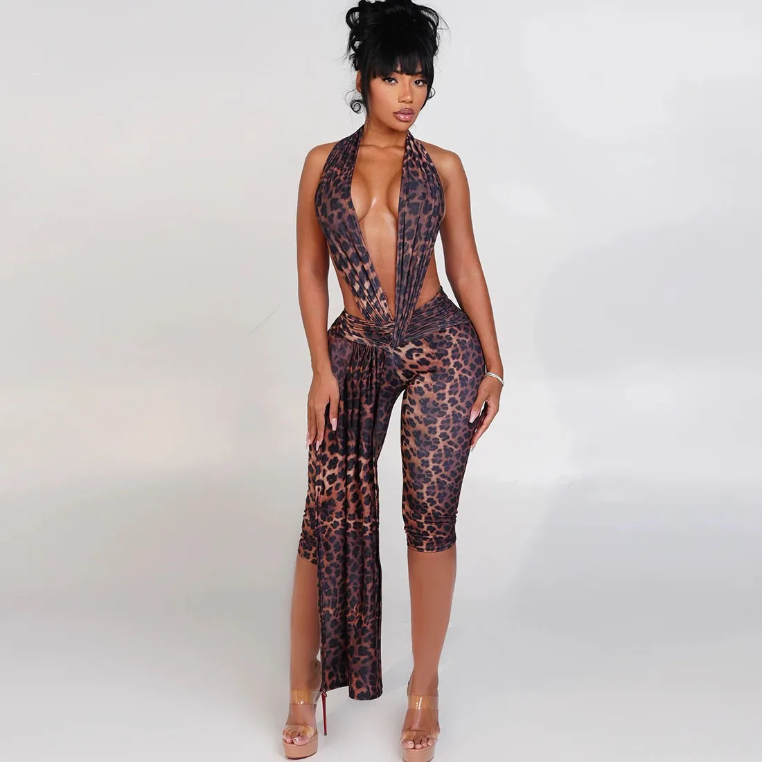 2026 New Spring Sexy Halter V Neck Jumpsuits Women Club Elegant Bodycon Luxury One Piece Party Shiny Jumpsuit Bodysuit Playsuit