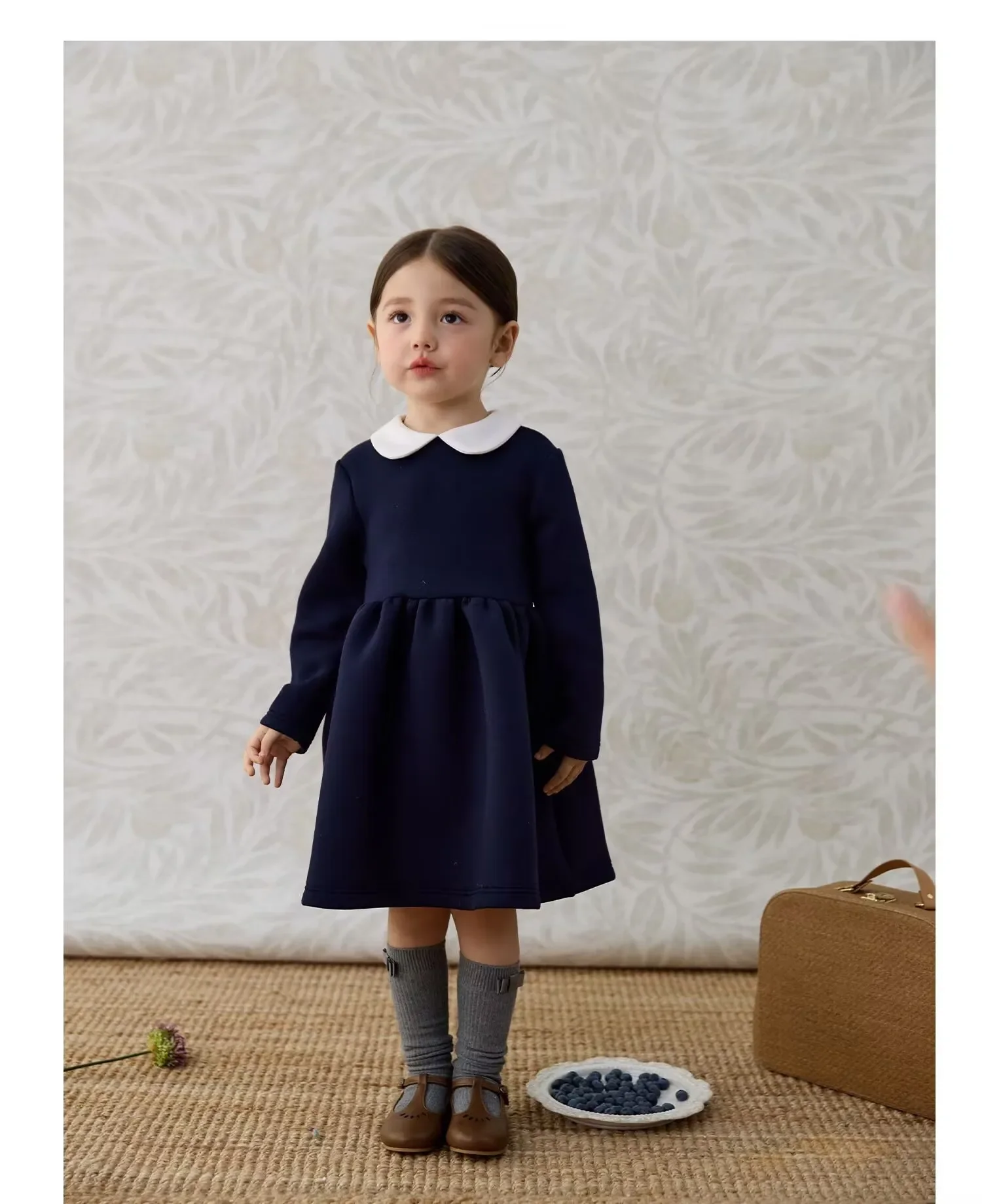 Baby Girls Dress Fashion Long Sleeve Pure Color Peter Pan Collar High End 2024 Jesienna nowa sukienka dziecięca — zdjęcie 6