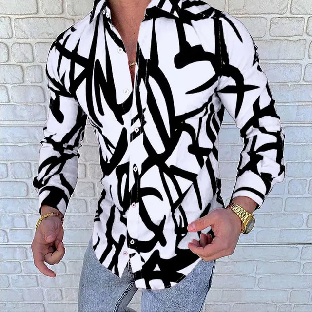 Men's Long-Sleeve Shirt with Graffiti Letter Print-Street Art All-Over Print Collared Shirt-Trendy Casual Men's Top