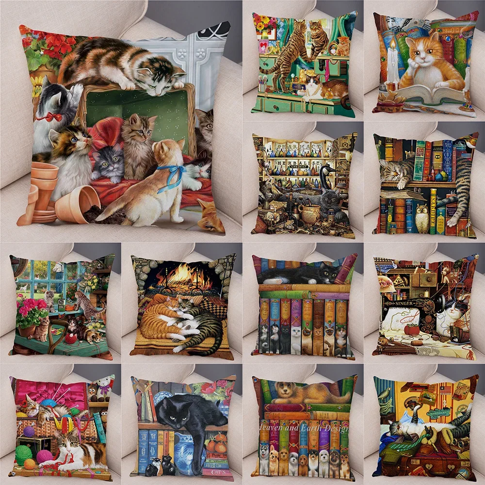 Cartoon Library Books Cat Print Pattern Cushion Cover Home Living Room Sofa Decoration Square Polyester Pillow