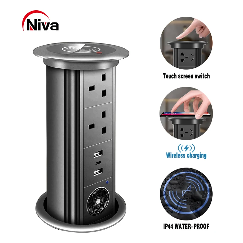 

Pop Up Socket Manual Hidden UK Standard Retractable Pull Up Kitchen Sockets 3 Outlets With Double USB Type C
