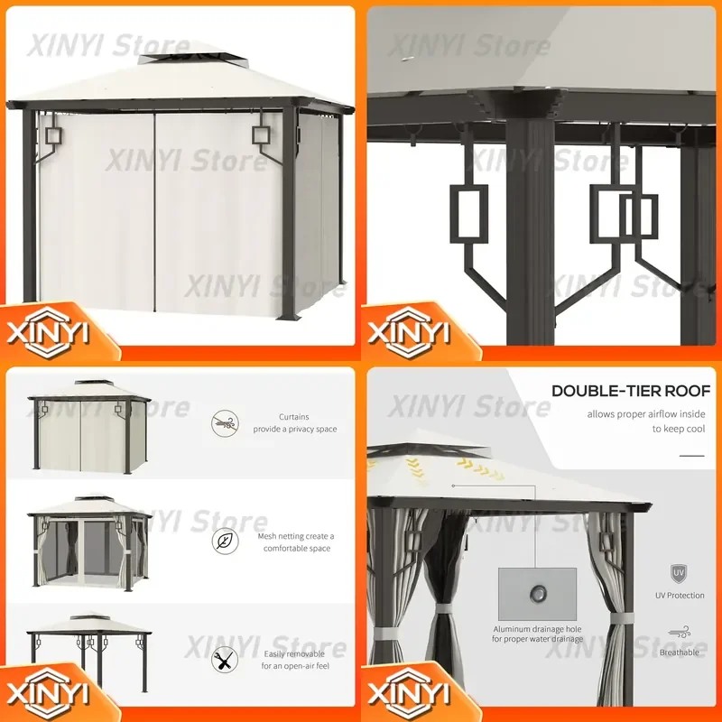 Cream White 10 X 10 Aluminum Terrace Canopy for Outdoor Patio Garden Lawn with Double Roof Mesh Curtains pergola canopy tent