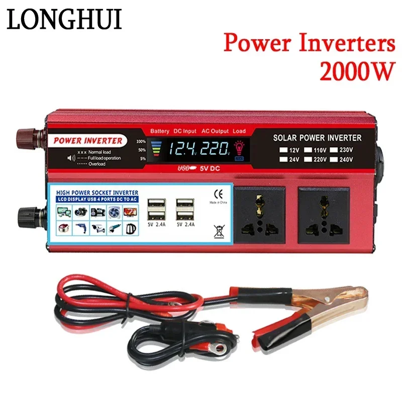 

2000W Pure Sine Wave Inverters DC 12V/24V To AC 110V/220V Transformer Double Socket Power Converters Solar Inverters LED Display