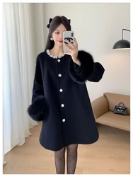 Women Cashmere Wool Woolen Coat Real Fox Fur Cuff Coat Winter Jacket Natural Fox Fur Collar Ladies Outerwear Streetwear