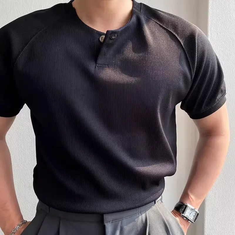 Summer New Waffle Henry Neck Short Sleeve Men's Slim Fit Business Ice Silk Breathable T-Shirt