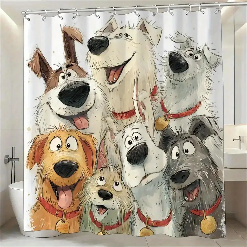 Funny Dog Family Shower Curtain Cartoon Puppy Group Bathroom Decor Cute Pet Shower Curtain for Kids Bathroom