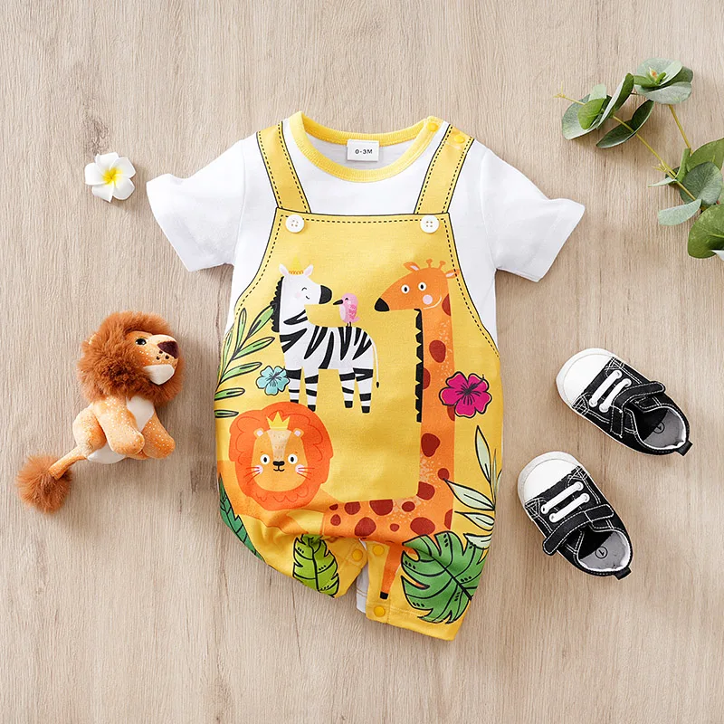 Baby Short Sleeved Jumpsuit Cartoon Cute Animal Costume Baby Round Neck Summer Crawling Costume Holiday Costume