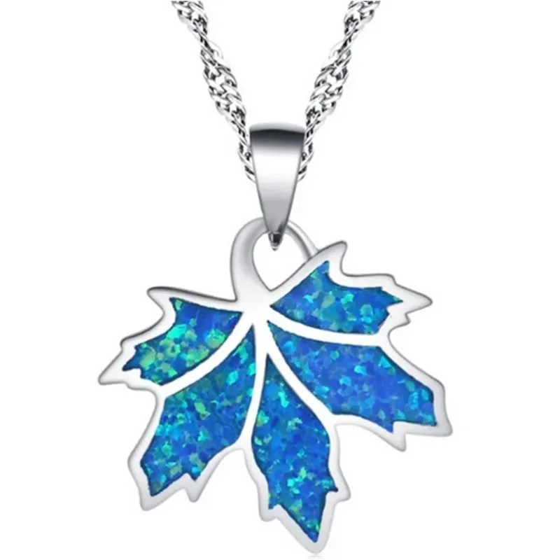 Fashion Silver Simulated Opal Blue White Leaves Pendant necklace for women Marriage Jewelry