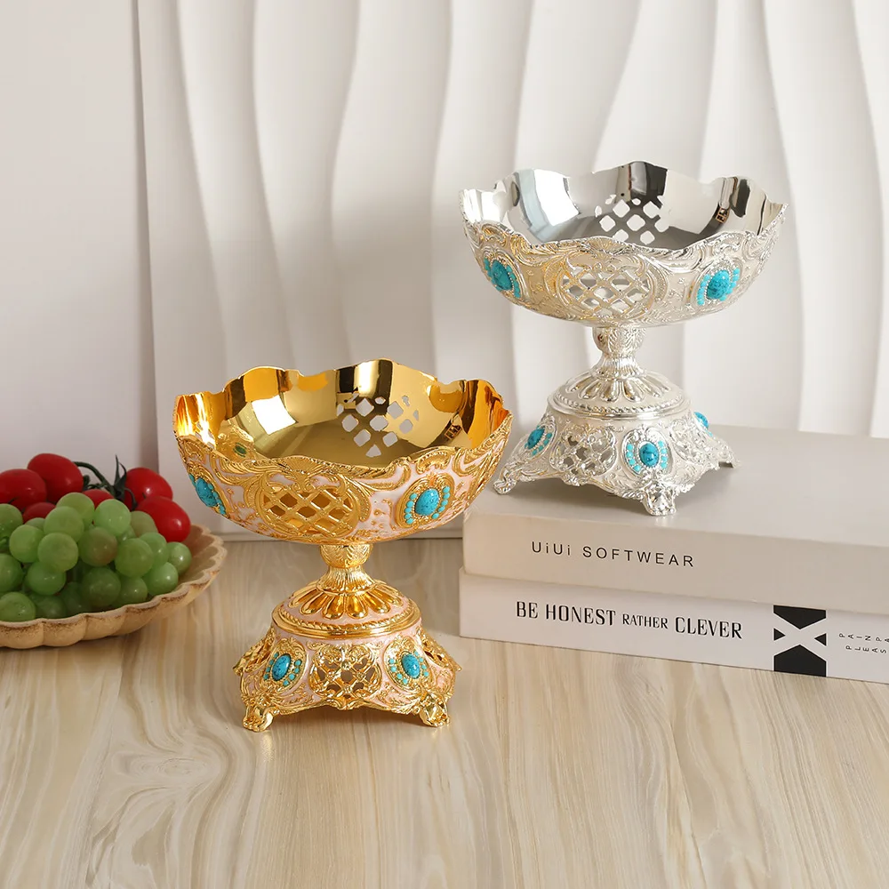 

New Wedding Gifts Zinc Alloy Fruit Bowl Saudi Arabic Utensils Nuts Holder Serving Dishes Platter Gold Metal Candy Box Dry Plate