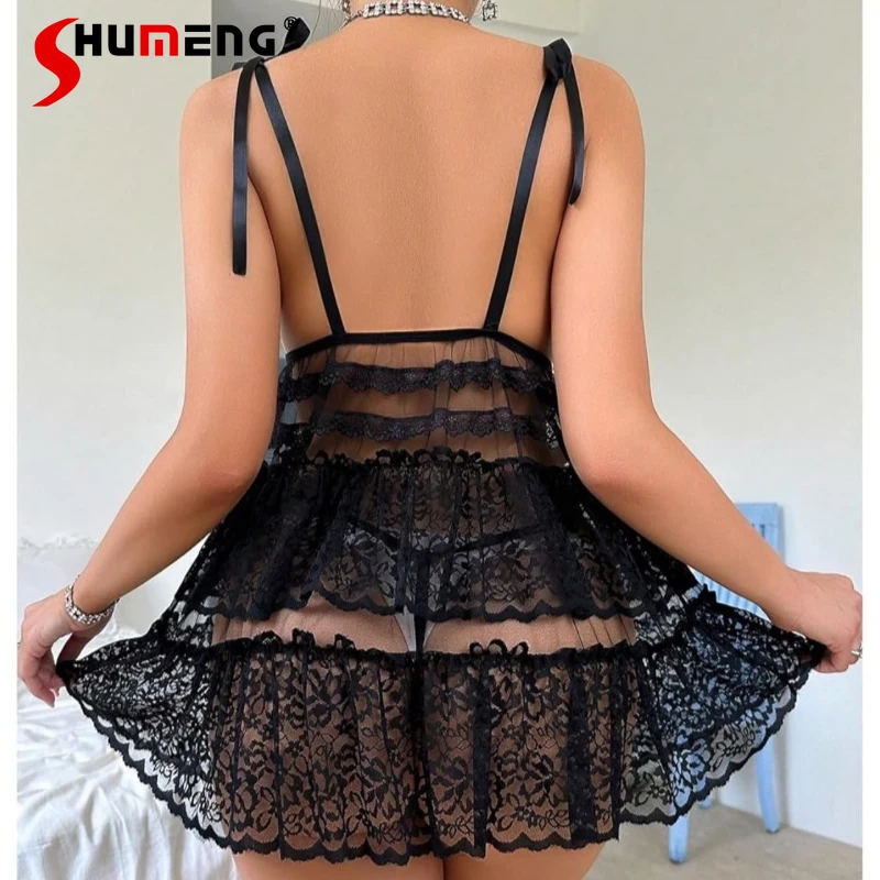 Canotta Lingerie Camicia da notte per donna Camicie da notte sexy con cinturino in rete Sheer Pure Desire Salotto intimo femminile di colore nero