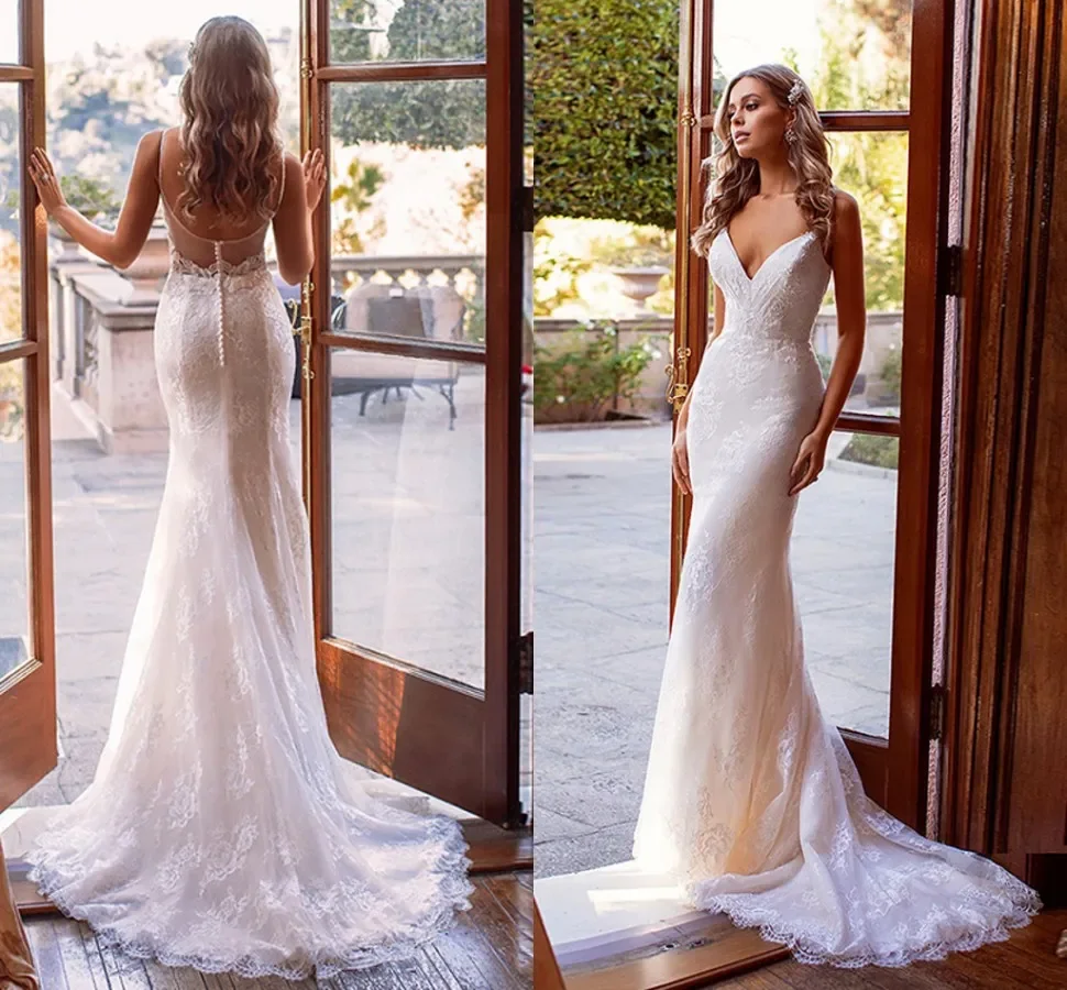 Vestido de Novia de lujo con apliques modernos, traje de sirena sin mangas, sexy, escote en V, halter con tirantes