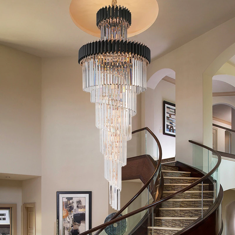 

2024 new Modern crystal chandelier for staircase Long black led light fixture villa lobby living room decor hang cristal lustre