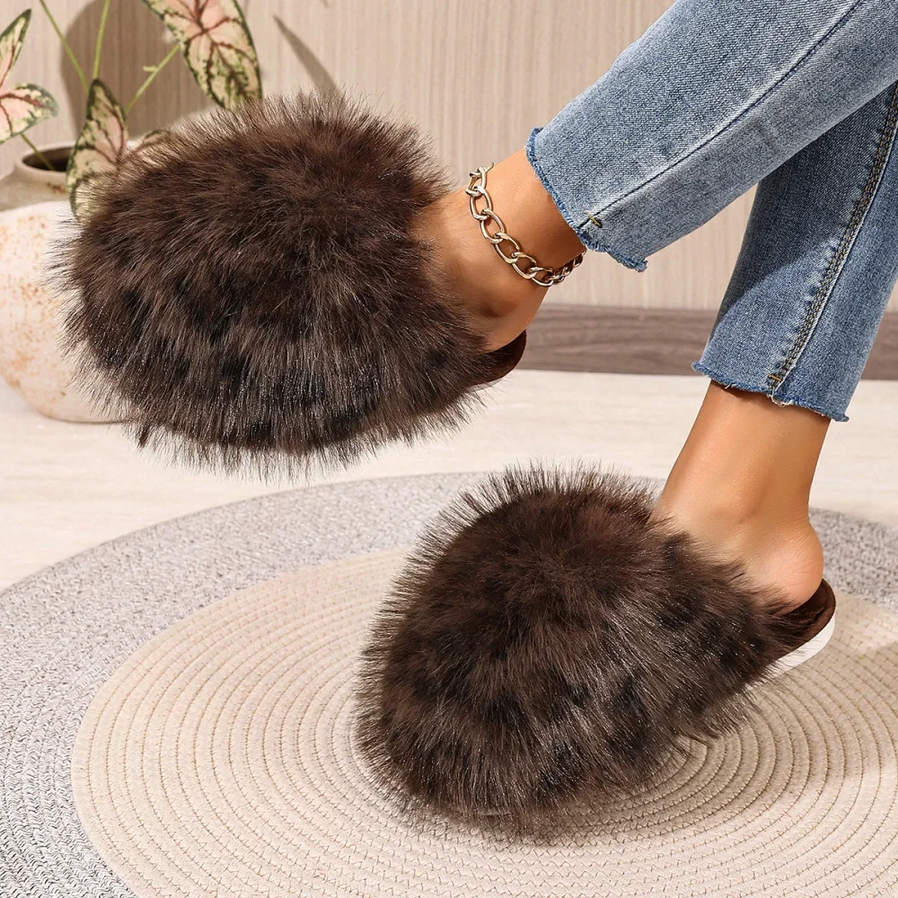 Damen Warme Hausschuhe Plüsch Leopardenfell Flauschige Pantoffeln Große Größen Geschlossene Zehenpartie Flache Sandalen Weiche Bequeme Schuhe für Frauen – Detail 21