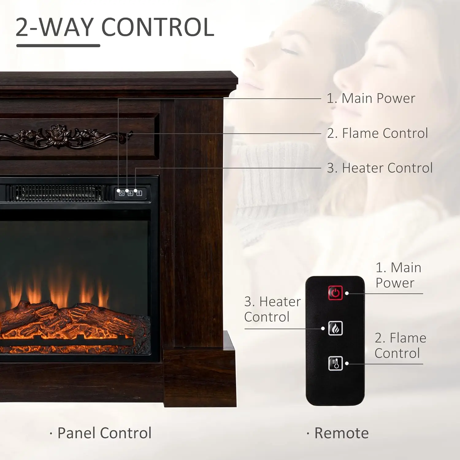 HOMCOM 32" Electric Fireplace with Mantel, Freestanding Heater with LED Log Flame, Overheat Protection and Remote Control, 1400W