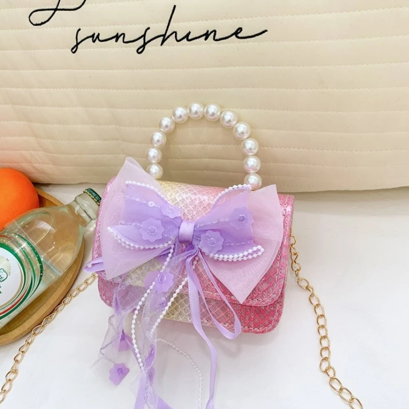 

Sweet Bow Cartoon Baby Girls Square Shoulder Bags Portable Kids Fashion Chain Crossbody Bag Cute Children Pearl Handbags Purse