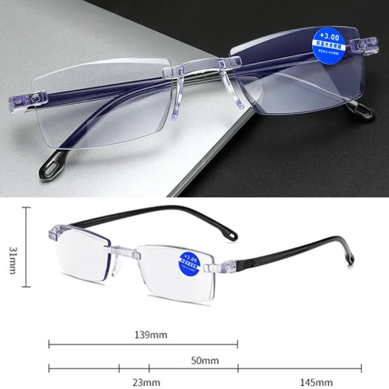 2024 New Men Women Rimless Reading Glasses Anti Blue Light Bifocal Far Near Magnification Eyewear Presbyopic Glasses +150 +200