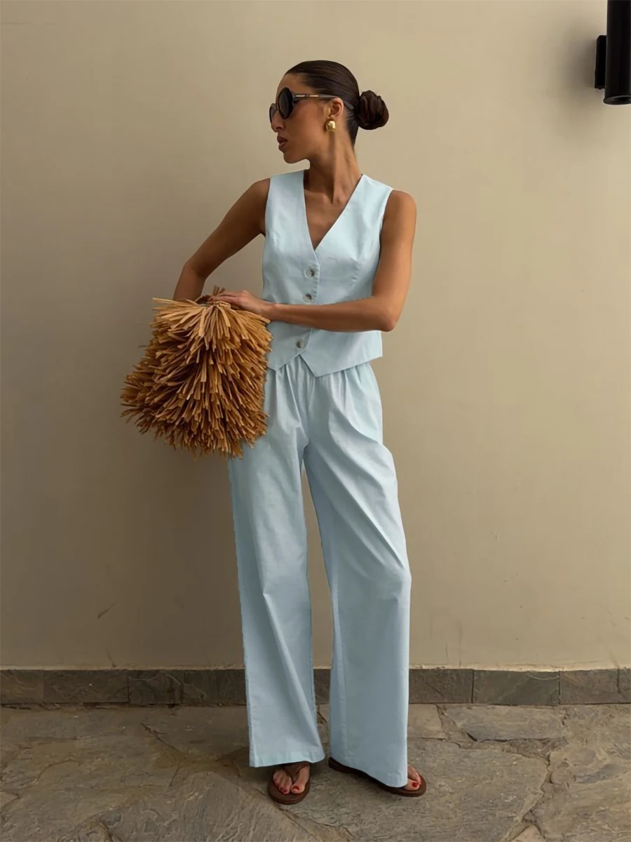 Bornladies 2026 Summer New French Style Extremely Simple Style Summer Set Women's Old Money Style Vest Wide Leg Pants Two Pieces