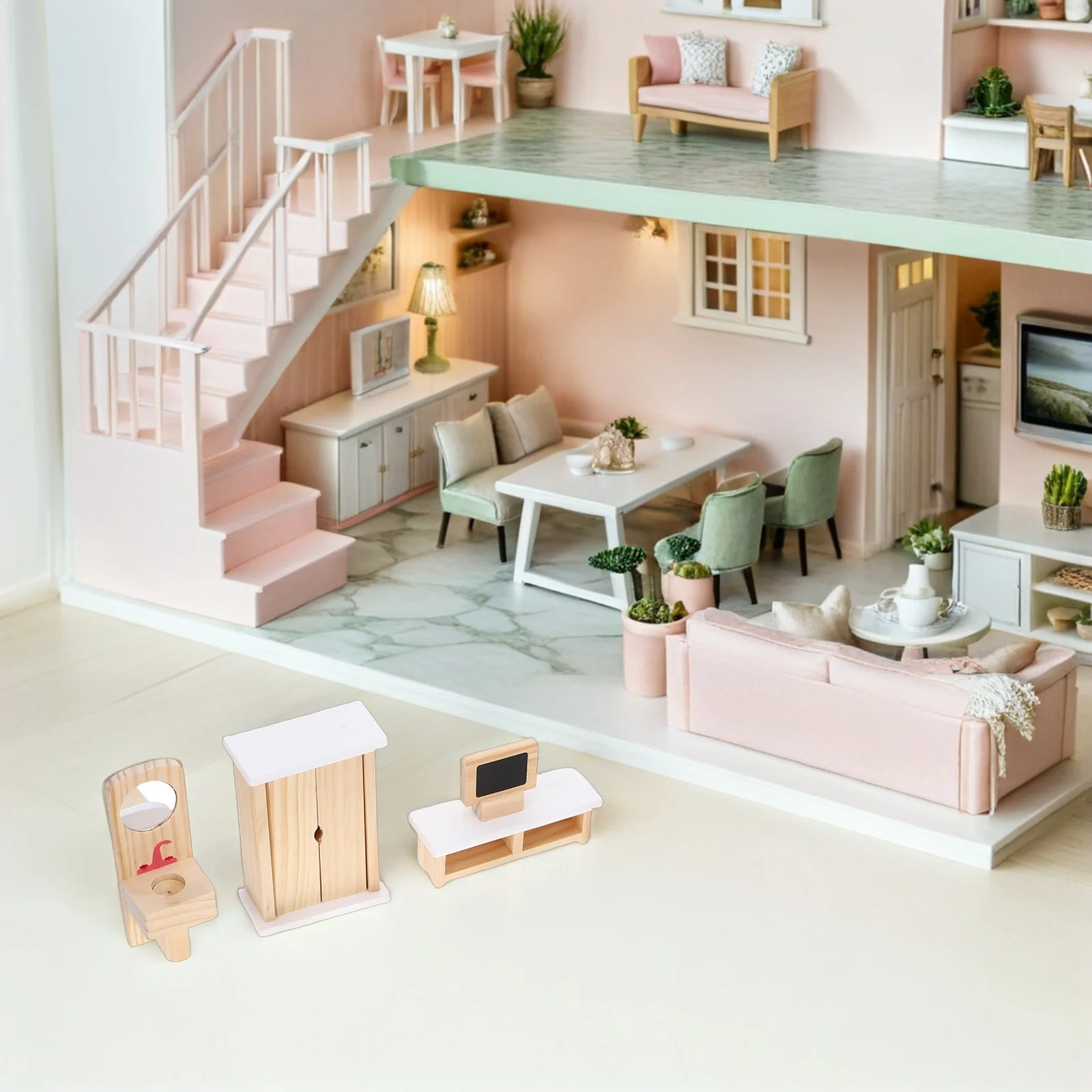 1-set houten miniatuurmeubelset Mini poppenhuis Keuken Slaapkamer Eetkamer Speelset voor kinderen Peutertafel Stoelcollectie