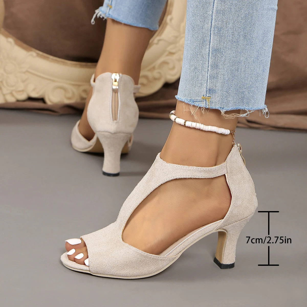 SIZE: 45 Heeled Sandals Women 2024 New Simple Back Zipper Fishmouth High Heels Women Shoes Summer Fashion Stiletto Women Sandals